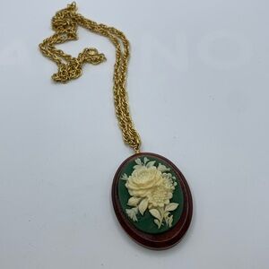 Vintage green cameo necklace, large cameo oval pendant